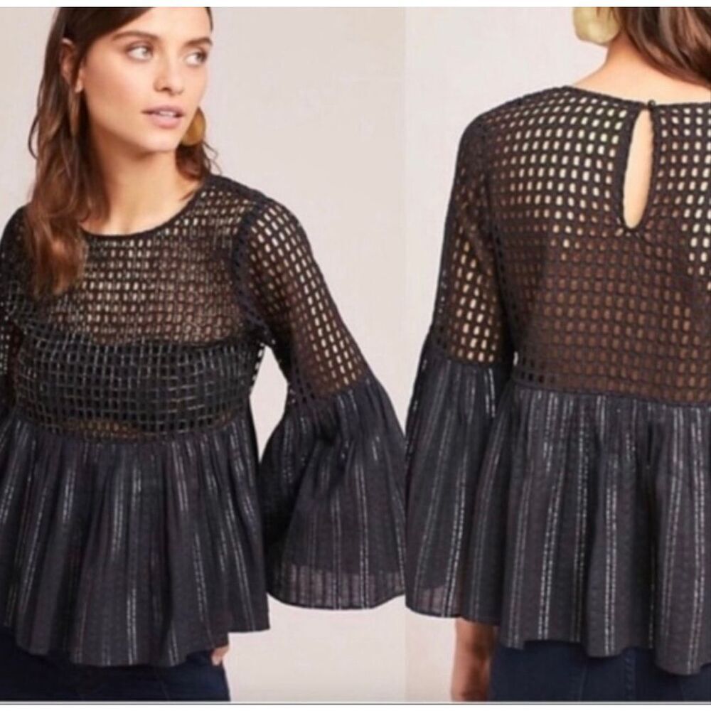 Anthropologie Maeve black beaded bell sleeve top size 2